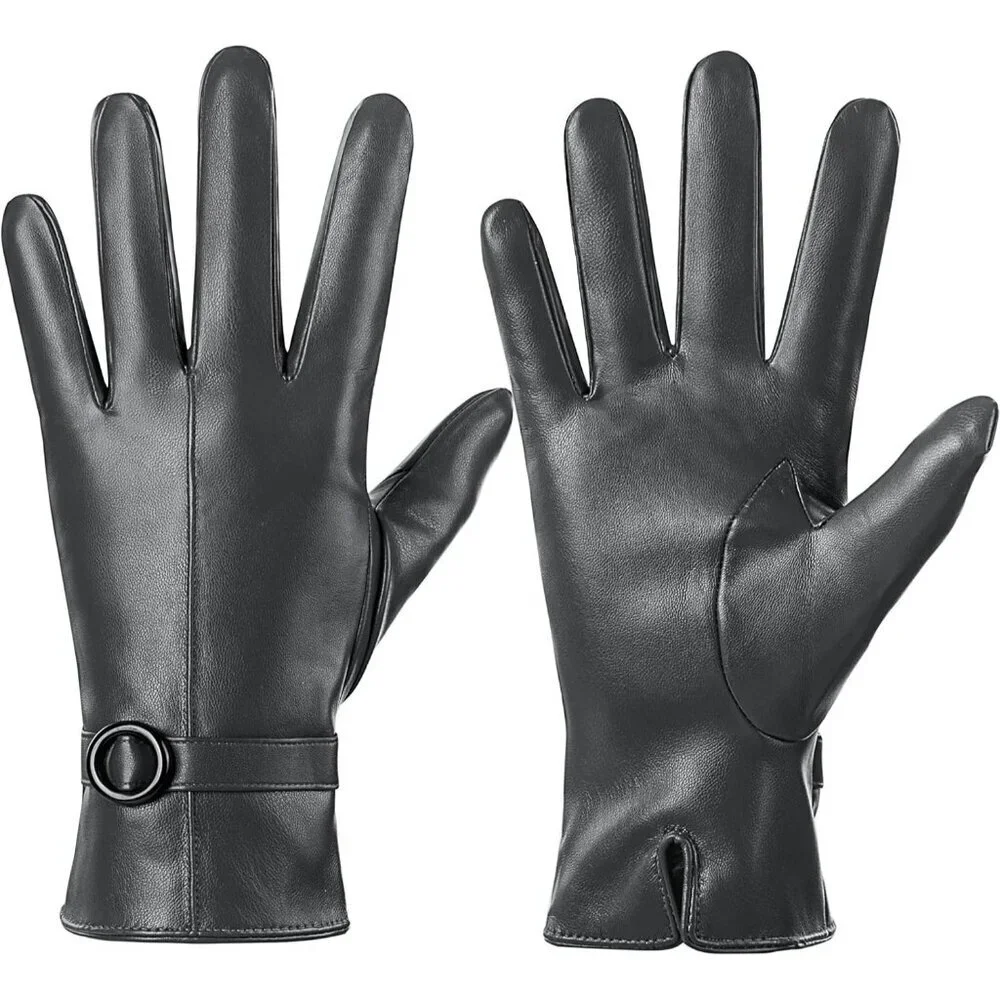 Women's Gray Lambskin Leather Gloves Warm Touchscreen Winter Driving Gift